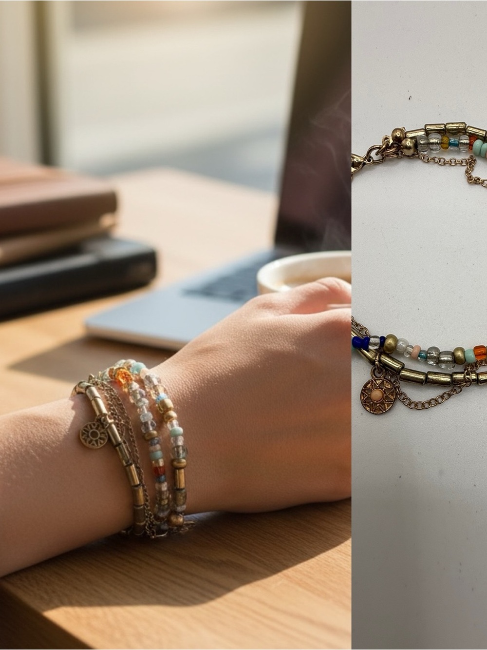 Boho Layered Beaded Charm  | Gold Tone Multi Strand Colorful Bead Bracelet